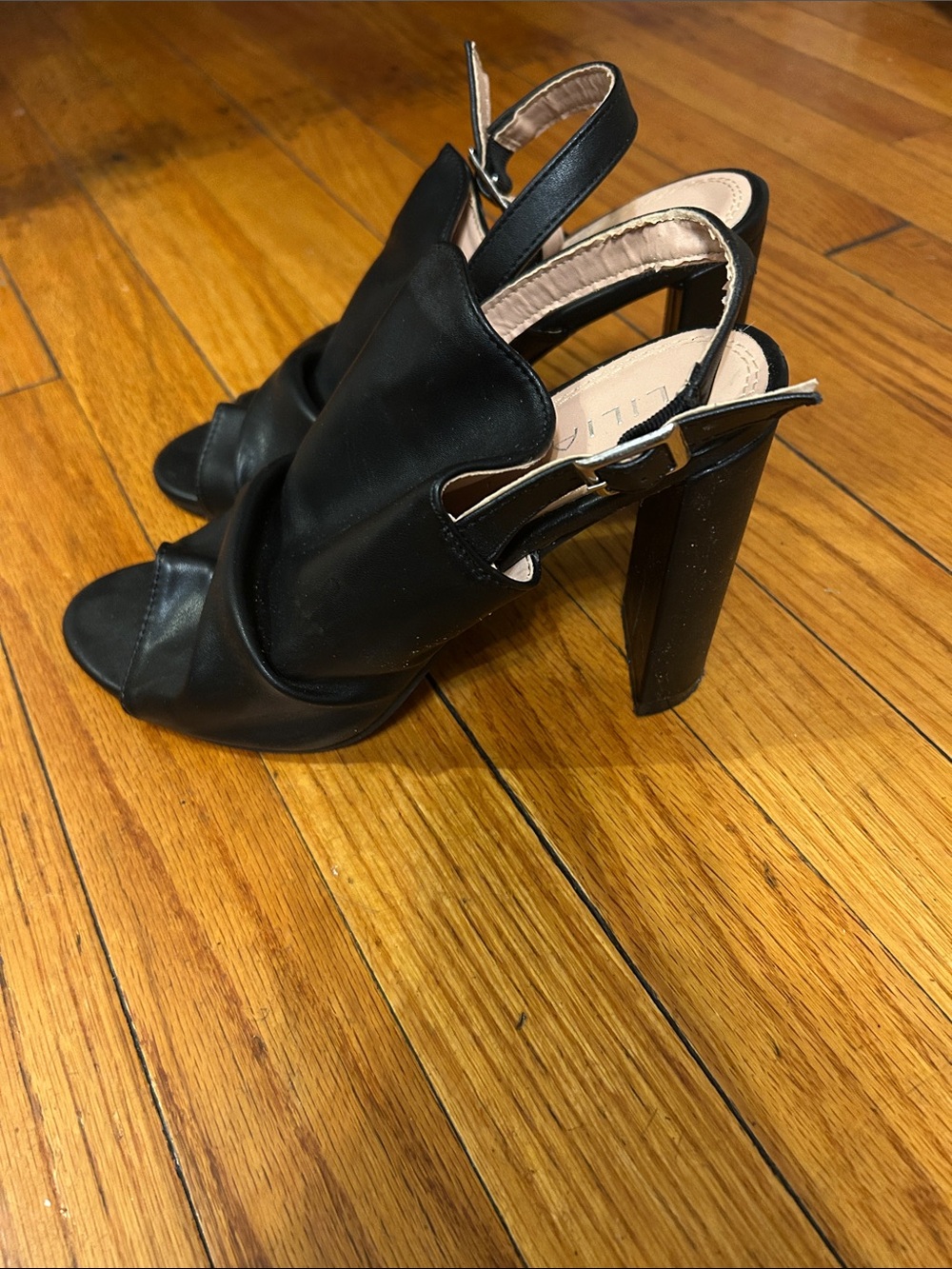Liliana Black Peep-Toe Slingback Block Heel Sandals